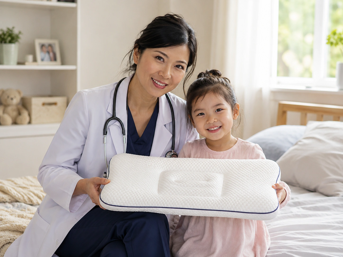 Dr. Sarah Chen holding the Ukola toddler pillow beside her young daughter
