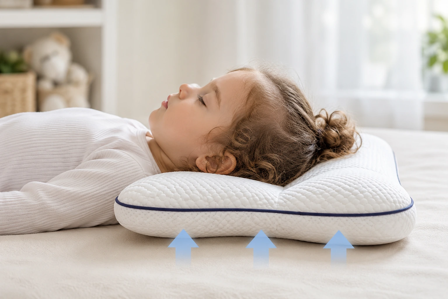 Toddler sleeping on the Ukola pillow with support arrows under the neck