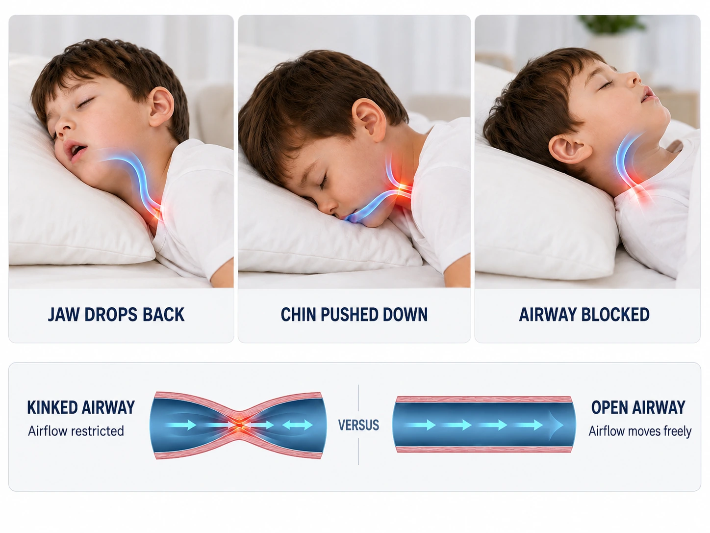 Comparison of a toddler's kinked versus open airway on different pillows