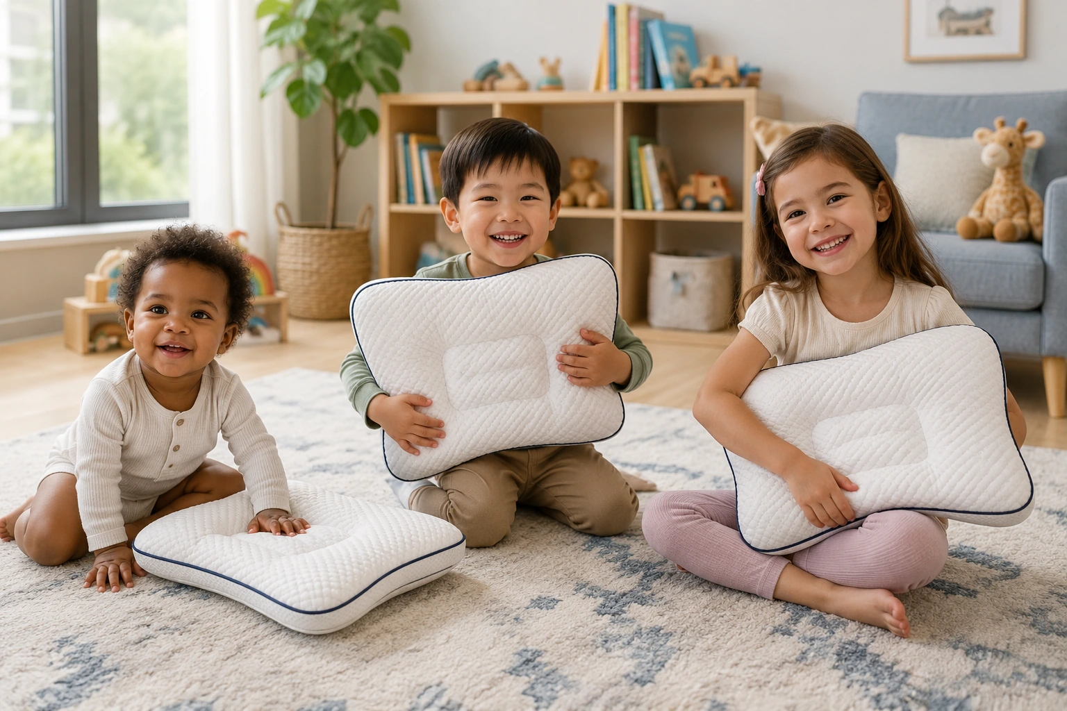 Three children of different ages holding Ukola toddler pillows